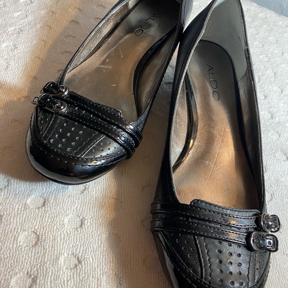 Aldo Women Ballet Flat Pumps Black Leather Perforated Buckle Slip On Low Heel - Picture 11 of 16